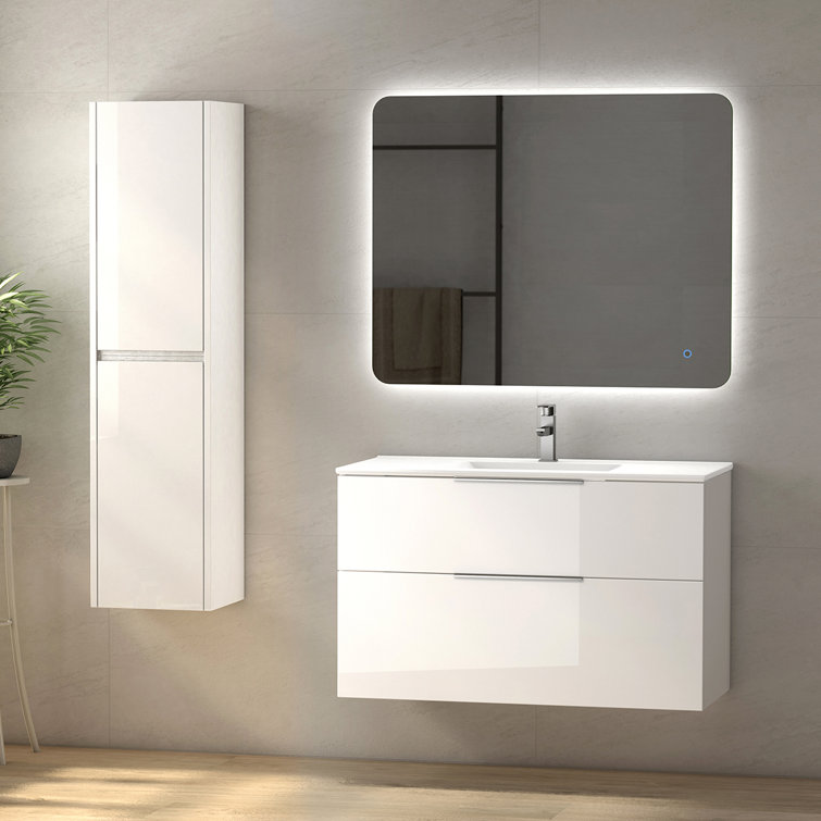 Glossy White Ceramic Single Wall-Mount Bathroom Vanity