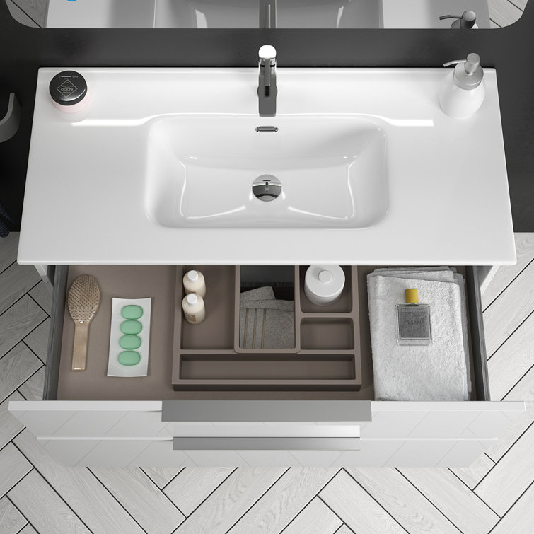 Glossy White Ceramic Single Wall-Mount Bathroom Vanity