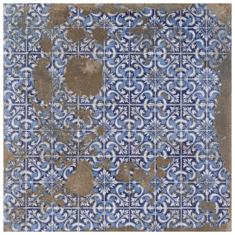 Antigua Deco 13" x 13" Brown and Blue Porcelain Tile