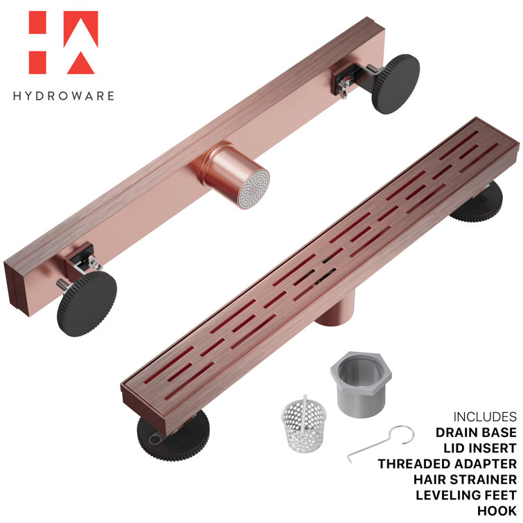 24" Brushed Copper Linear Shower Drain with Hair Strainer