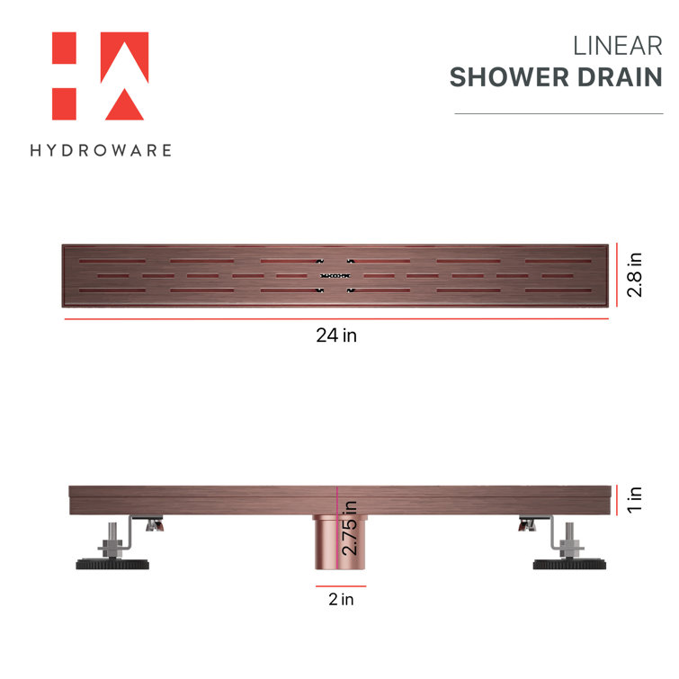 24" Brushed Copper Linear Shower Drain with Hair Strainer