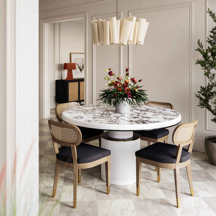 Vanessa White Marble and Wood Round Dining Table