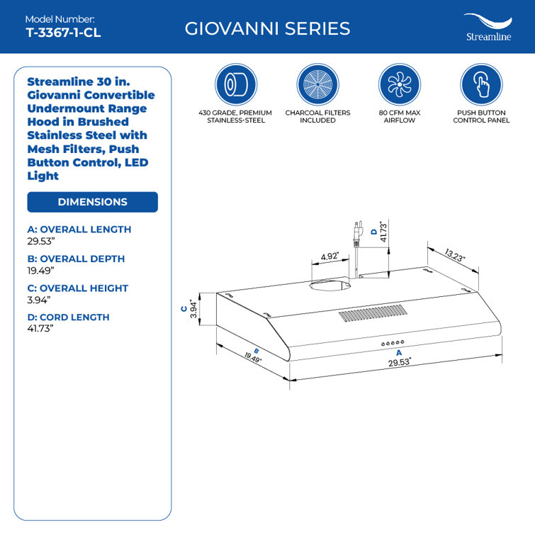 Streamline 30-Inch Stainless Steel Convertible Under Cabinet Range Hood