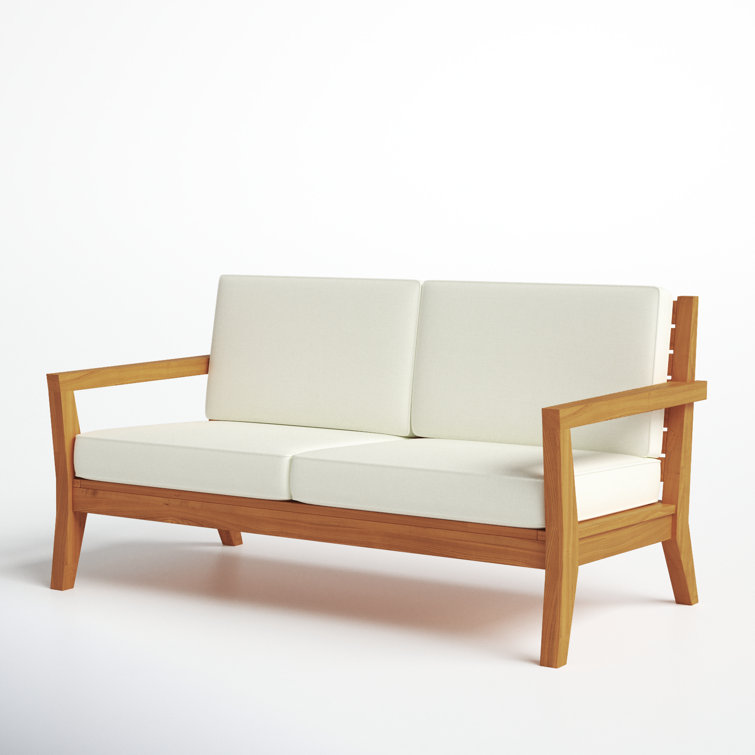 Natural Teak Wood Outdoor Loveseat with White Cushions