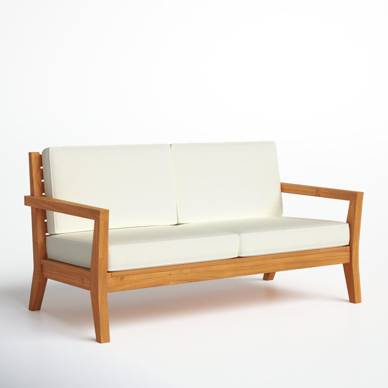 Natural Teak Wood Outdoor Loveseat with White Cushions