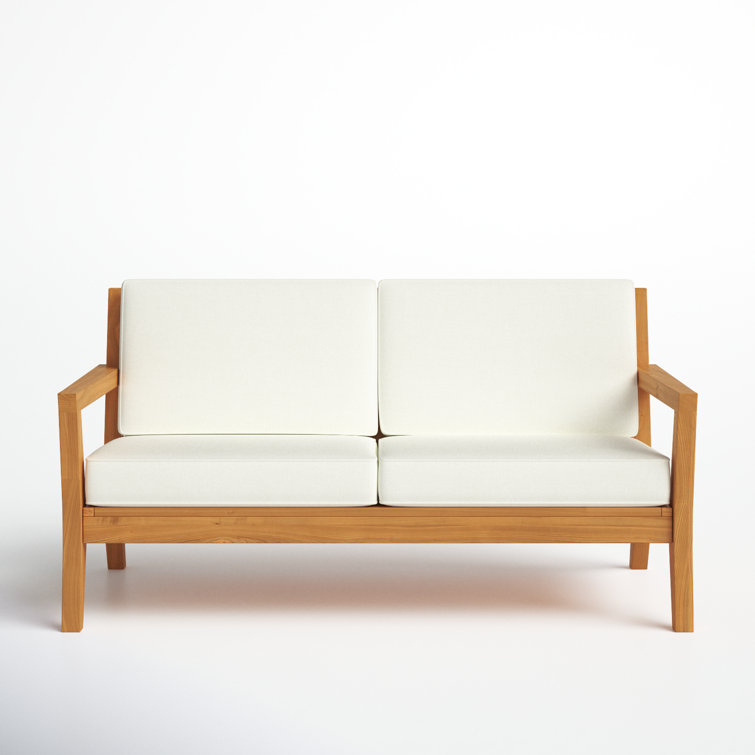 Natural Teak Wood Outdoor Loveseat with White Cushions