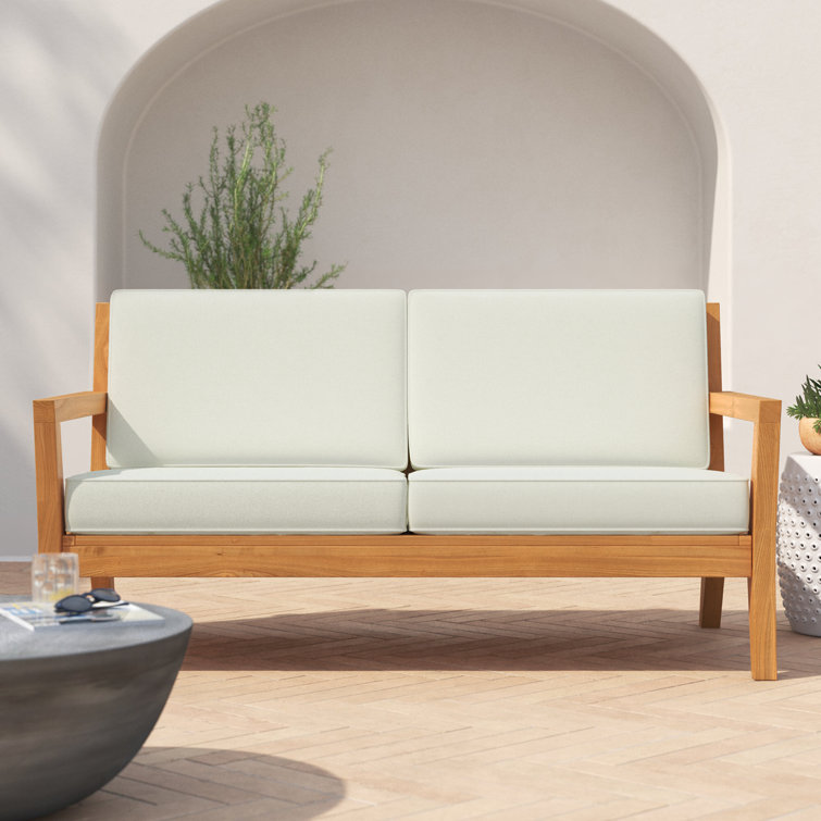 Natural Teak Wood Outdoor Loveseat with White Cushions