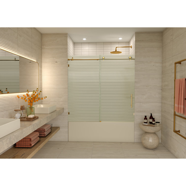 Galaxy 60" Satin Brass Frameless Fluted Glass Sliding Bathtub Door