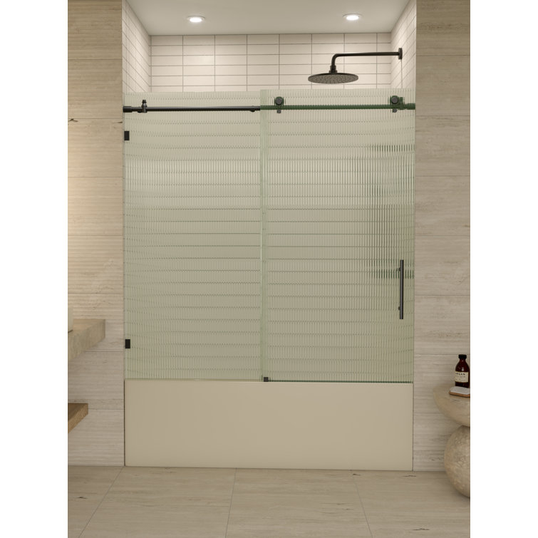 Galaxy 60" Matte Black Frameless Fluted Glass Sliding Bathtub Door