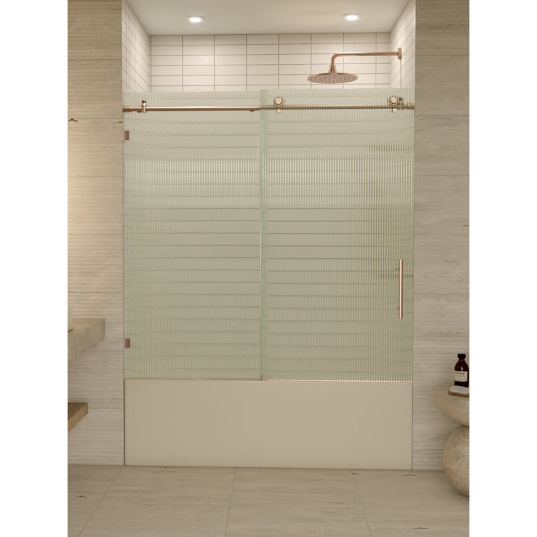 Galaxy 60" Frameless Fluted Glass Sliding Bathtub Door in Brushed Bronze