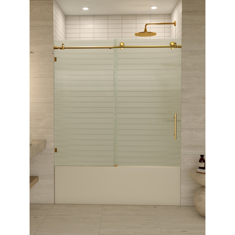 Galaxy 60" Satin Brass Frameless Fluted Glass Sliding Bathtub Door