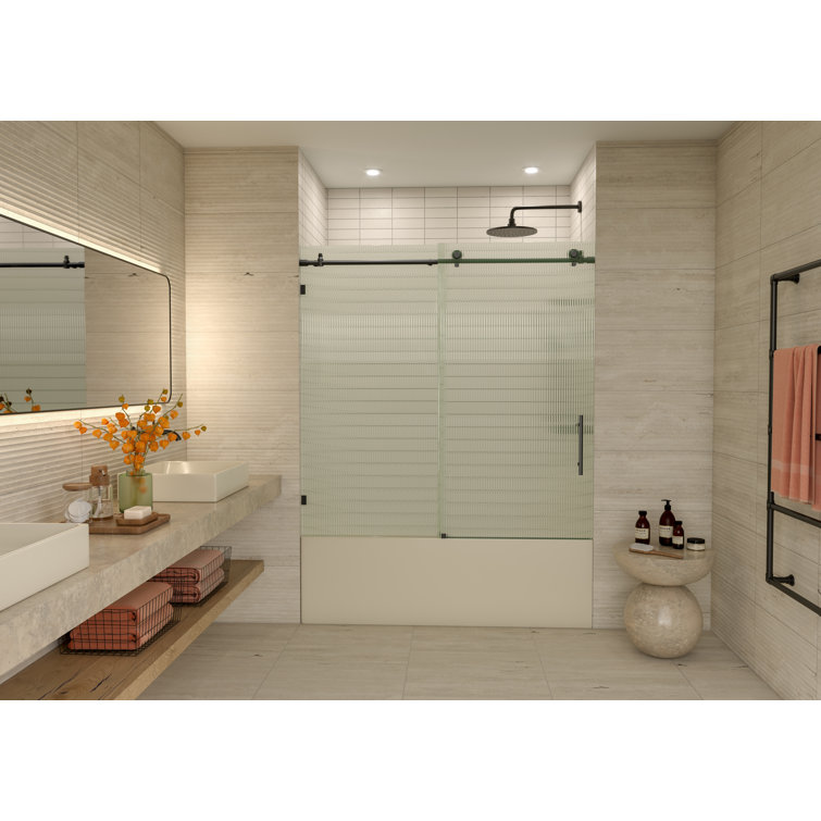 Galaxy 60" Matte Black Frameless Fluted Glass Sliding Bathtub Door