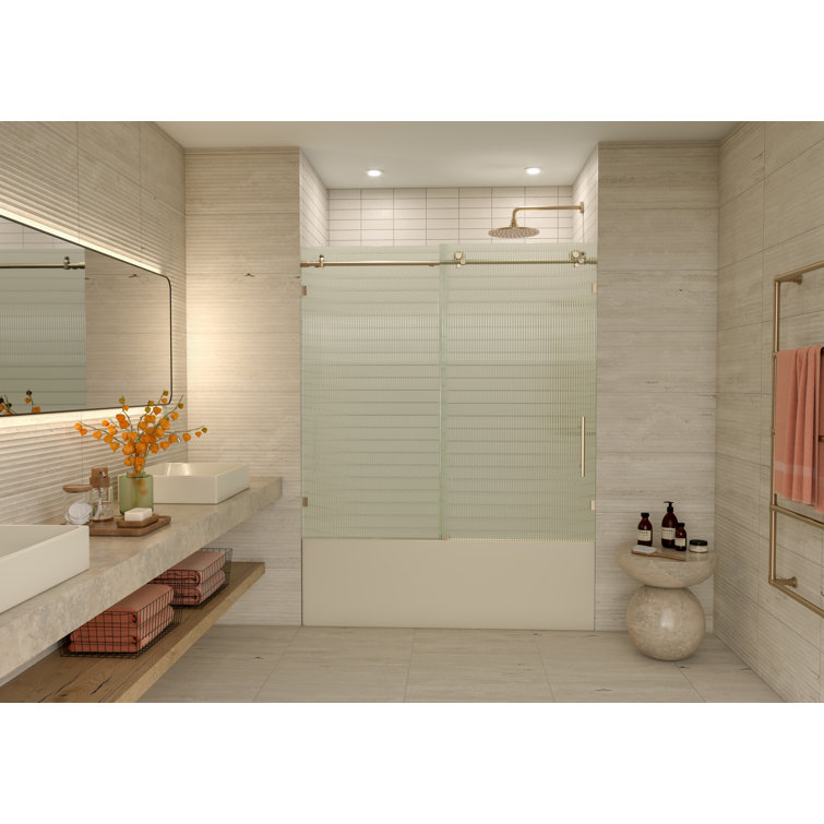 Galaxy 60" Frameless Fluted Glass Sliding Bathtub Door in Brushed Bronze