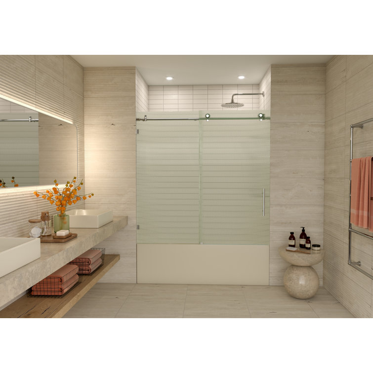 Galaxy 60" Frameless Fluted Glass Sliding Bathtub Door in Chrome