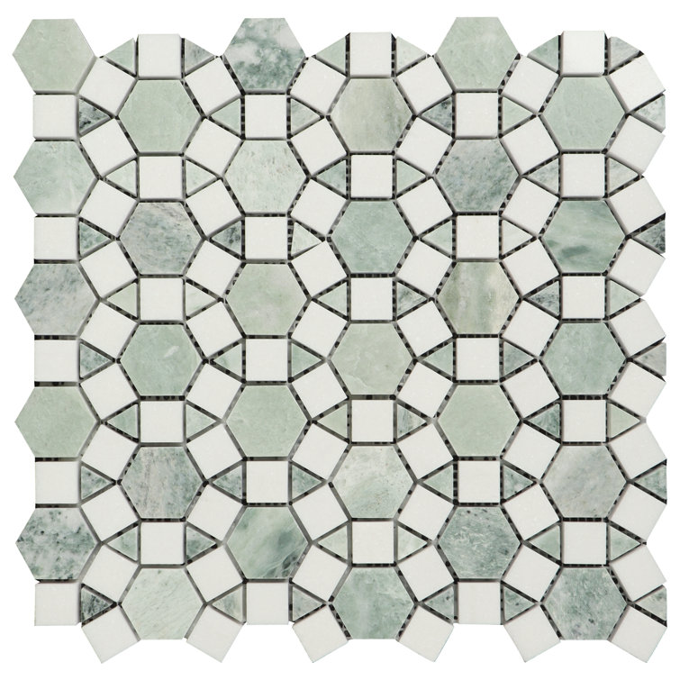 12" Green and White Polished Marble Mosaic Tile