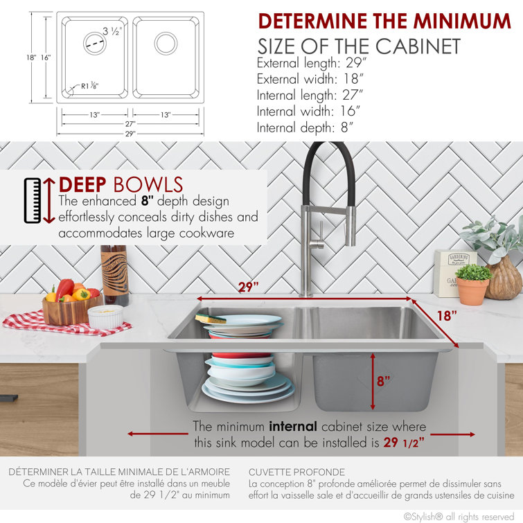 Stylish 29" Stainless Steel Double Bowl Drop-In Kitchen Sink