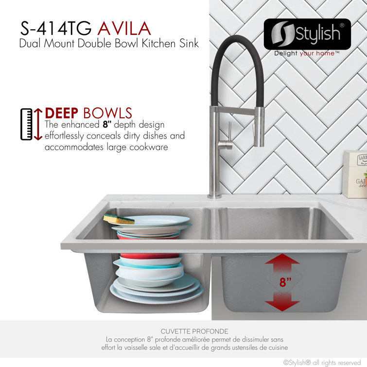 Stylish 29" Stainless Steel Double Bowl Drop-In Kitchen Sink