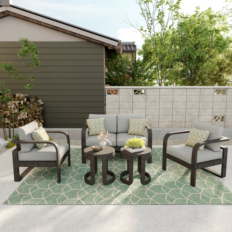 Light Brown Solid Wood 4-Person Outdoor Seating Set with Gray Cushions