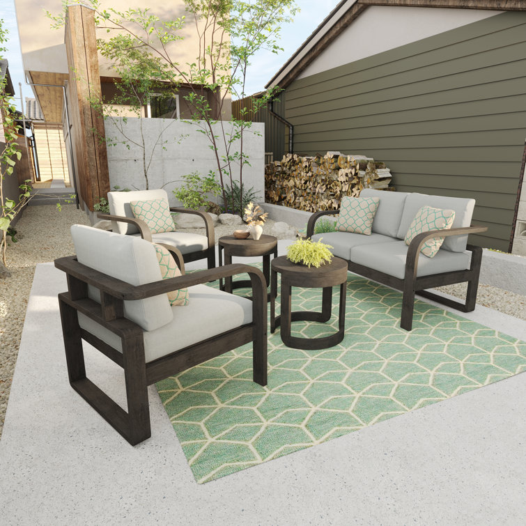 Light Brown Solid Wood 4-Person Outdoor Seating Set with Gray Cushions
