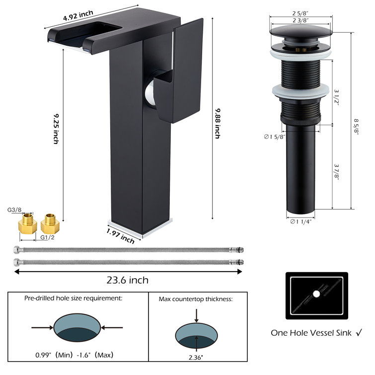 Black LED Waterfall Spout Single-Handle Bathroom Faucet with Drain Assembly