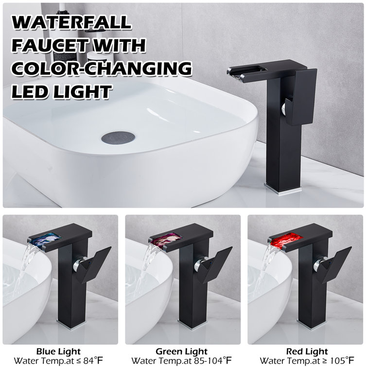 Black LED Waterfall Spout Single-Handle Bathroom Faucet with Drain Assembly