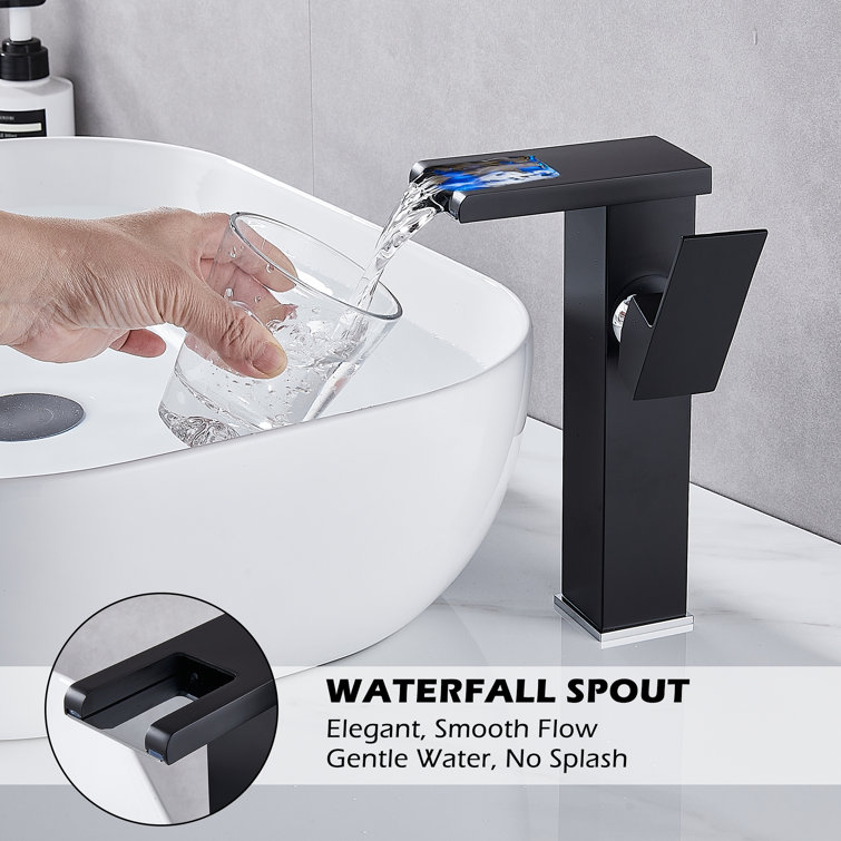 Black LED Waterfall Spout Single-Handle Bathroom Faucet with Drain Assembly