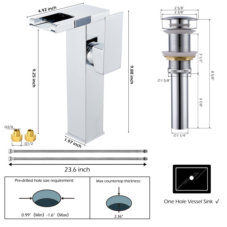 Chrome LED Waterfall Bathroom Vessel Sink Faucet with Pop-Up Drain