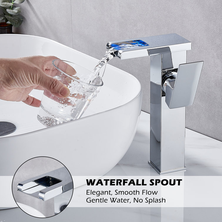 Chrome LED Waterfall Bathroom Vessel Sink Faucet with Pop-Up Drain