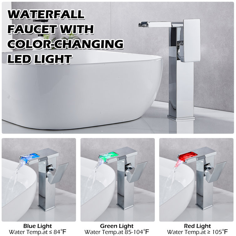 Chrome LED Waterfall Bathroom Vessel Sink Faucet with Pop-Up Drain