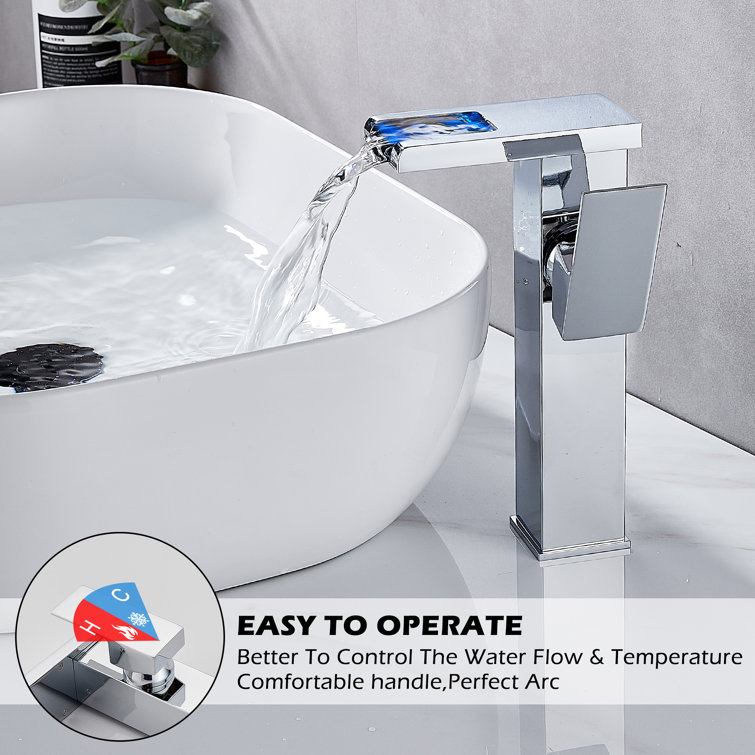 Chrome LED Waterfall Bathroom Vessel Sink Faucet with Pop-Up Drain
