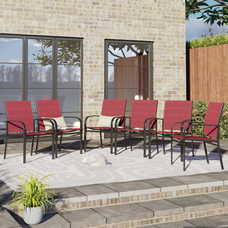 Red and Black Steel Patio Dining Armchairs with Cushions