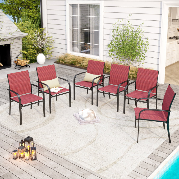 Red and Black Steel Patio Dining Armchairs with Cushions