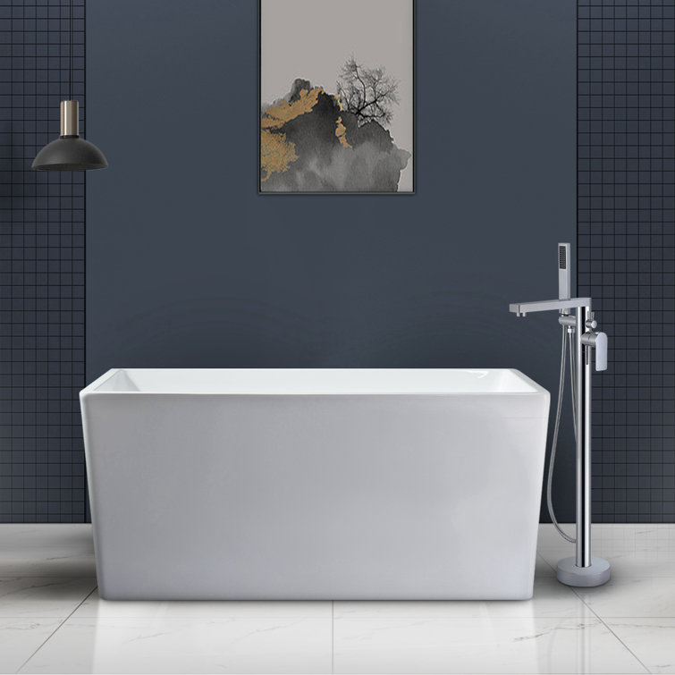 White Acrylic Rectangular Freestanding Soaking Bathtub, 44"