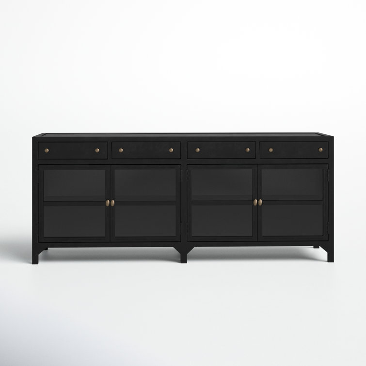 Malcom Shadow Box Design Black Iron Media Console with Glass Doors