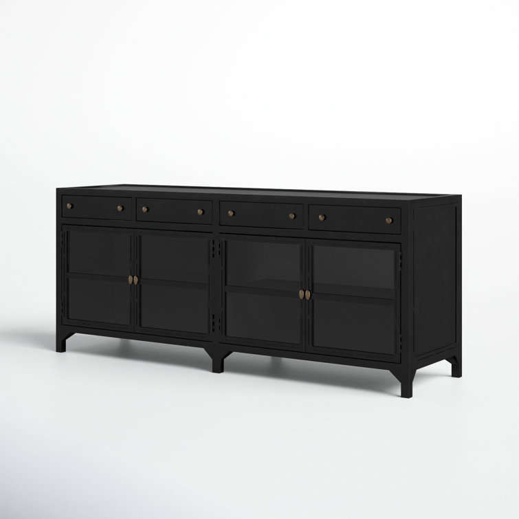 Malcom Shadow Box Design Black Iron Media Console with Glass Doors
