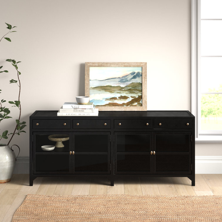 Malcom Shadow Box Design Black Iron Media Console with Glass Doors