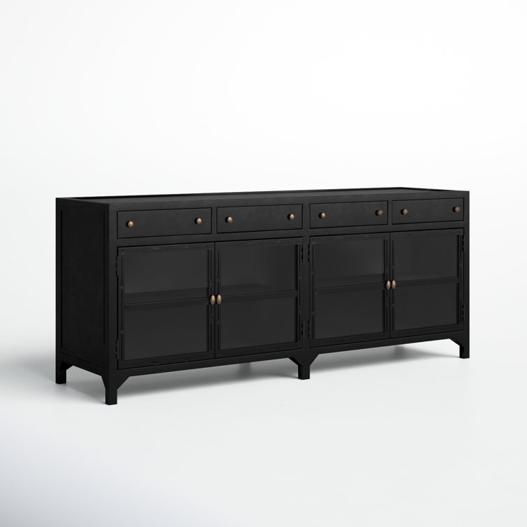 Malcom Shadow Box Design Black Iron Media Console with Glass Doors