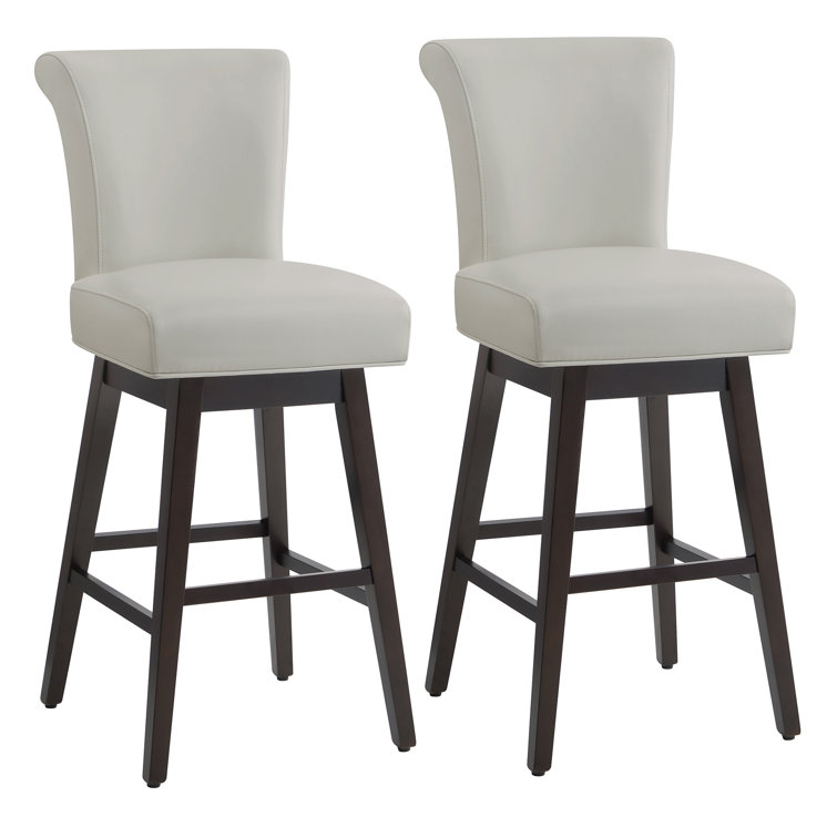 Light Gray Faux Leather Swivel Bar Stools with Dark Wood Base