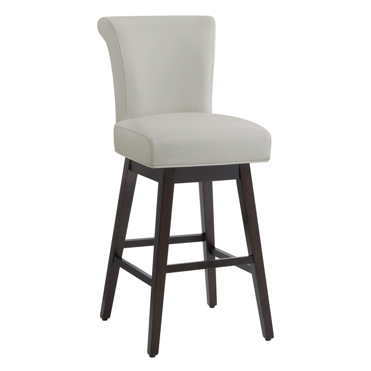 Light Gray Faux Leather Swivel Bar Stools with Dark Wood Base