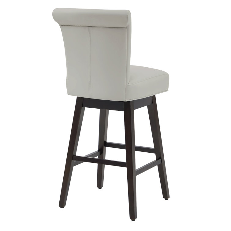 Light Gray Faux Leather Swivel Bar Stools with Dark Wood Base