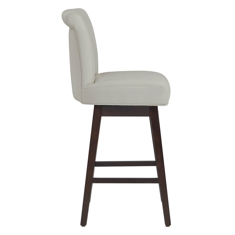 Light Gray Faux Leather Swivel Bar Stools with Dark Wood Base