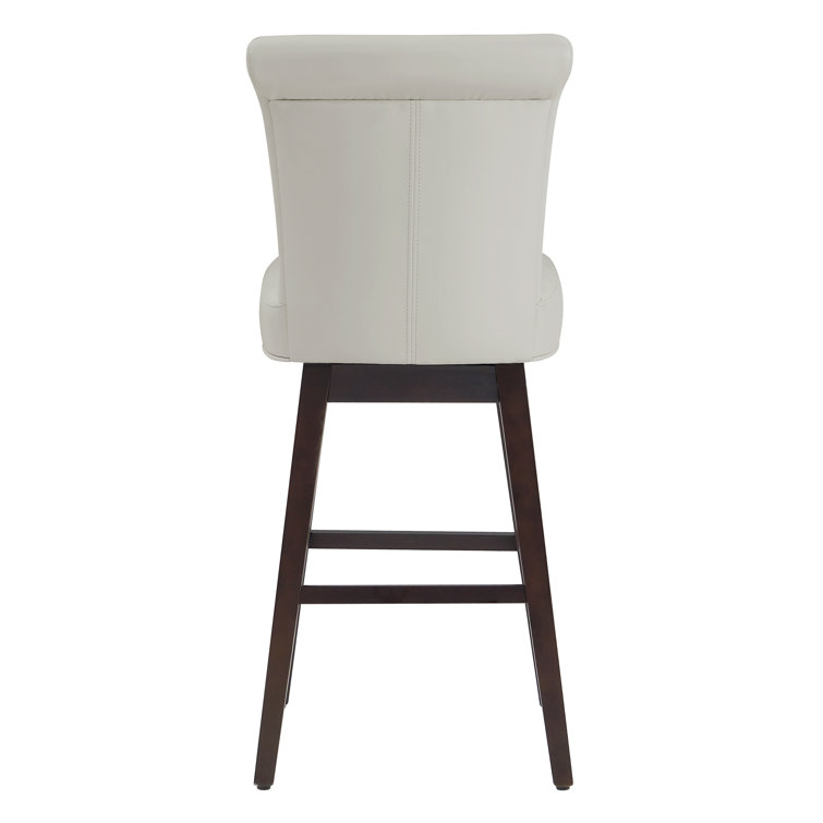 Light Gray Faux Leather Swivel Bar Stools with Dark Wood Base