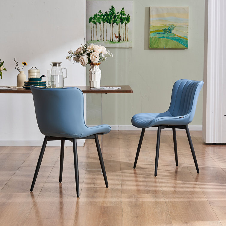 Blue Faux Leather Upholstered Side Chairs with Metal Legs, Set of 2