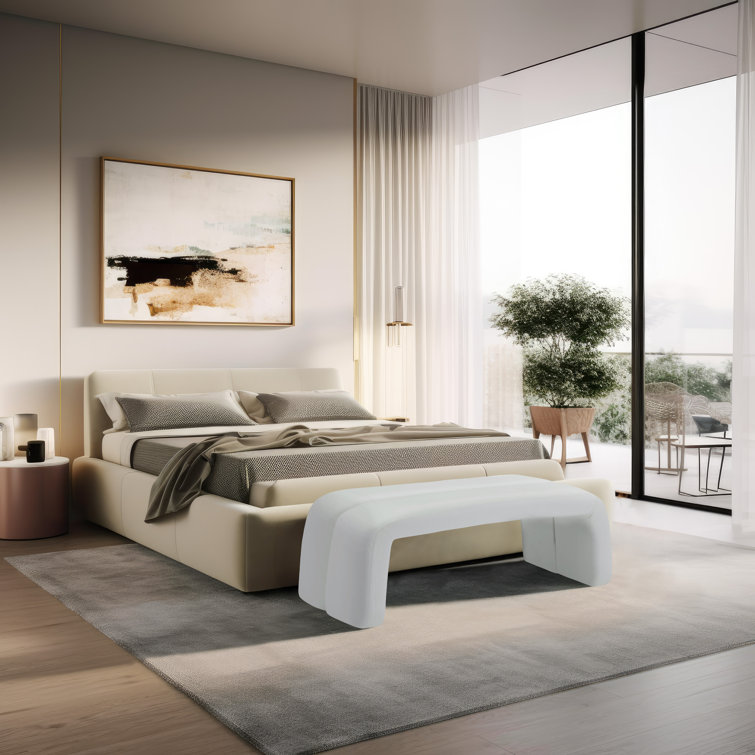 Arc White Faux Leather Tufted Bench with Straight Legs