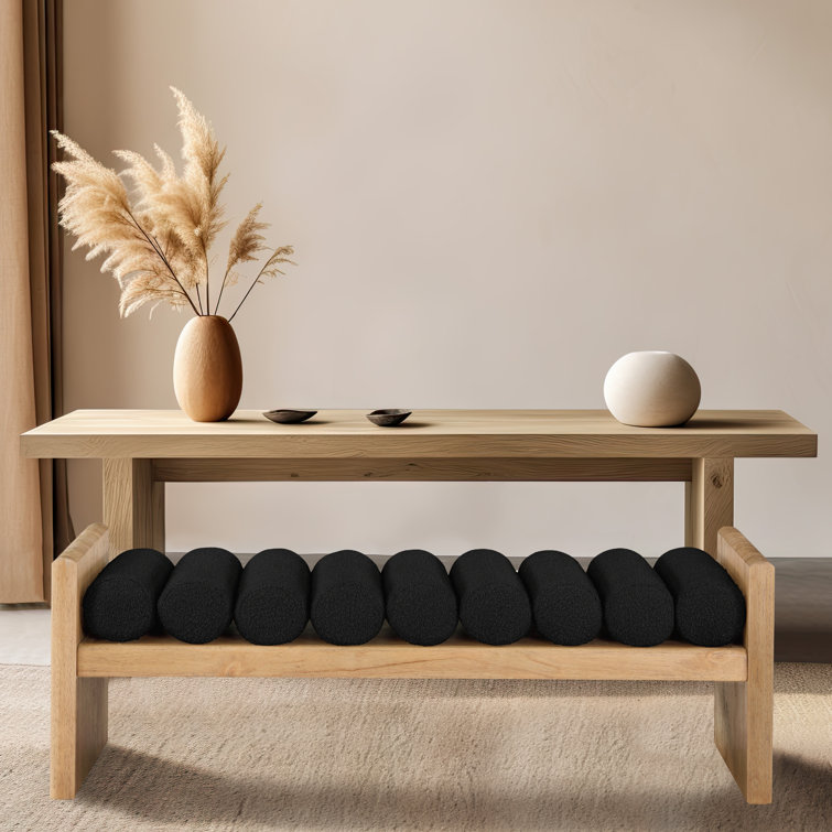 Natural Wood Bench with Black Boucle Fabric Cushions