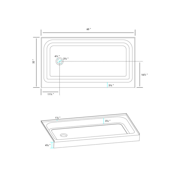 Glossy White 60x32 Inch Acrylic Single Threshold Shower Base