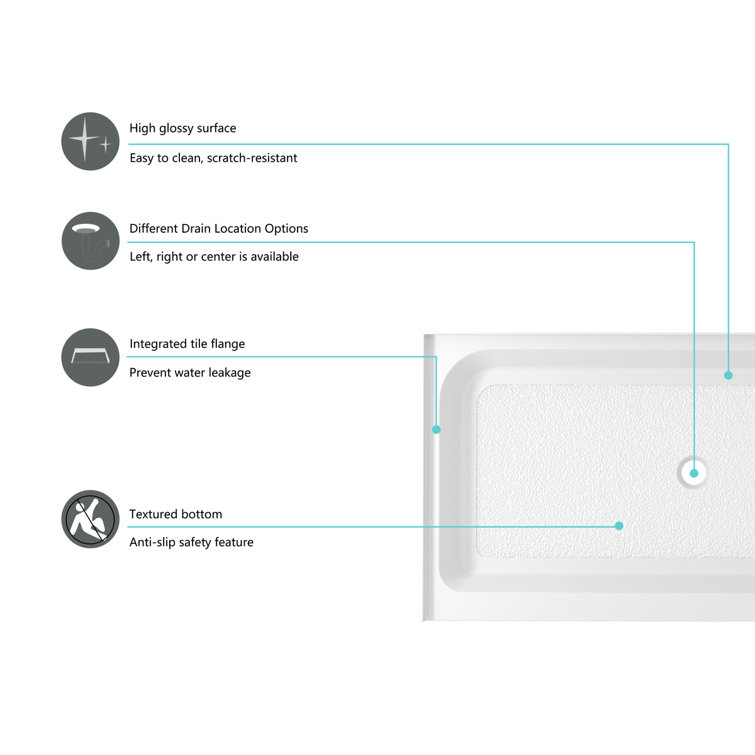 Glossy White 48x36 Inch Acrylic Shower Base with Center Drain