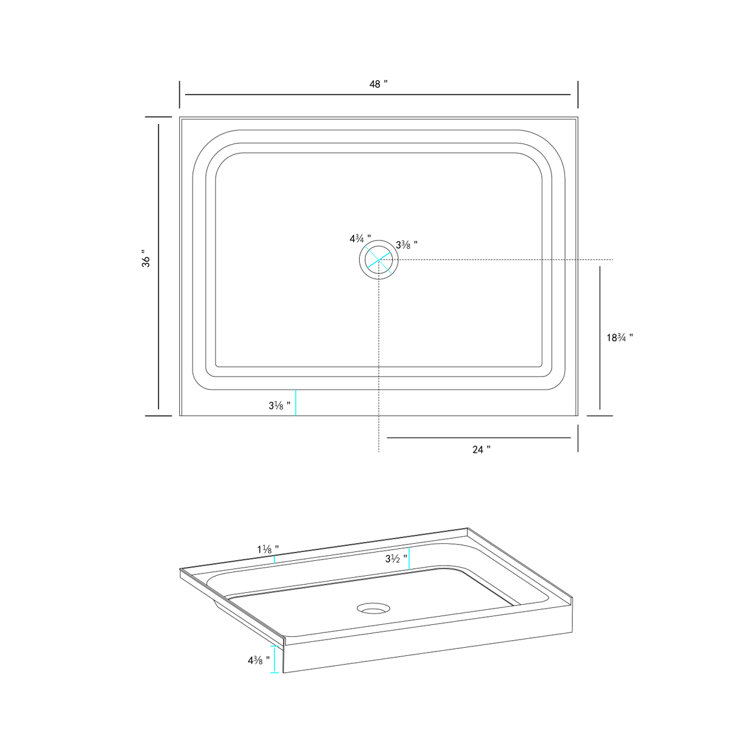 Glossy White 48x36 Inch Acrylic Shower Base with Center Drain