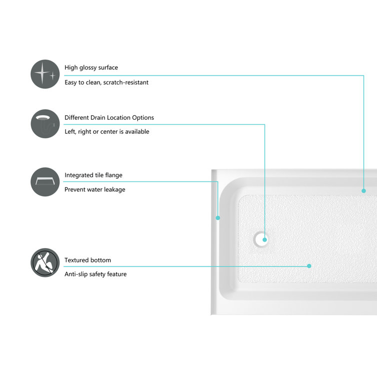 Glossy White 60'' Acrylic Rectangular Shower Base with Left Drain