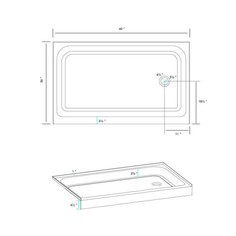 Glossy White 60'' x 36'' Acrylic Shower Base with Right Drain